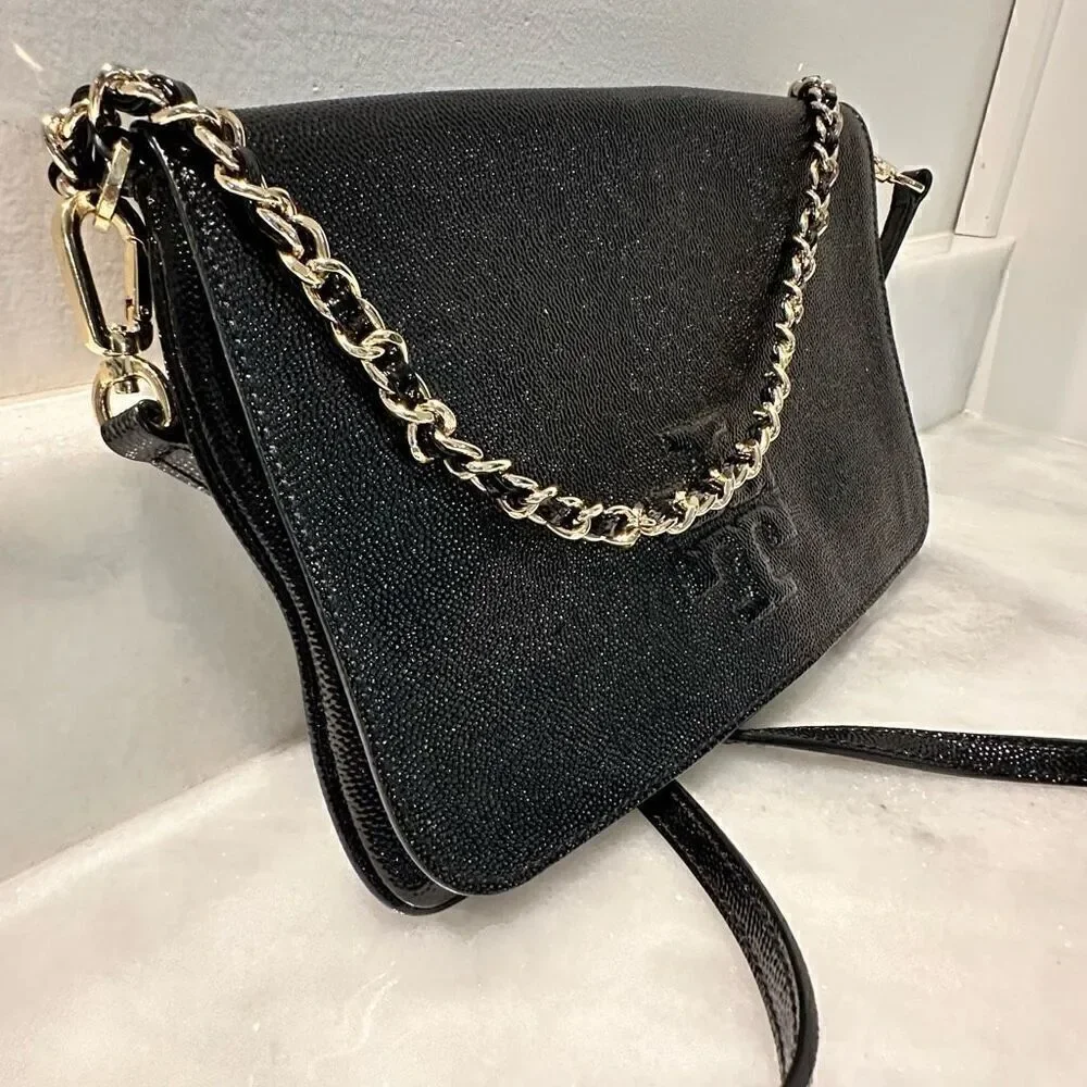 Tory Burch Magnetic Leather Chain Link Adjustable Black Crossbody Bag One Size